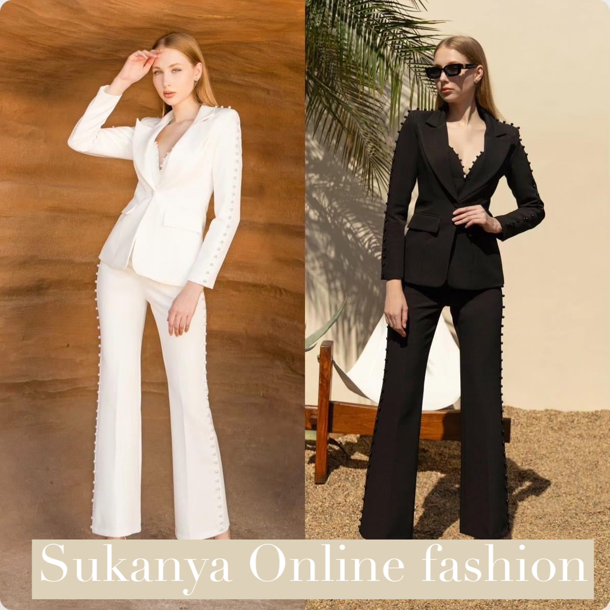 ชุดสูท 3 ชิ้น มี มุกติดตรงแขนเสื้อและกางเกง ไซด์ S