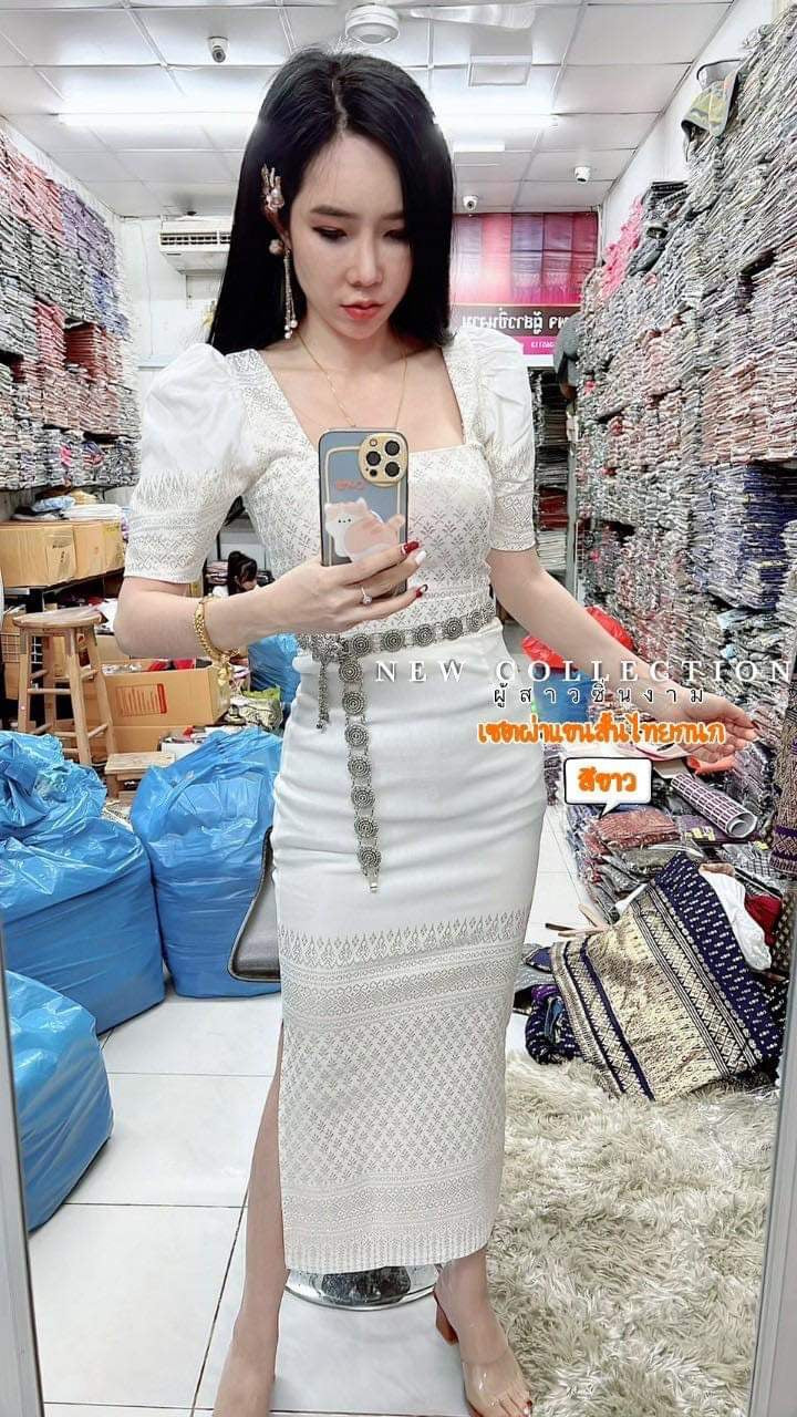 ชุดเซตไทยกนก-แขนสั้น+ผ้าถุงทรงผ่า 70$ ผ้ายืด ไซร้ A