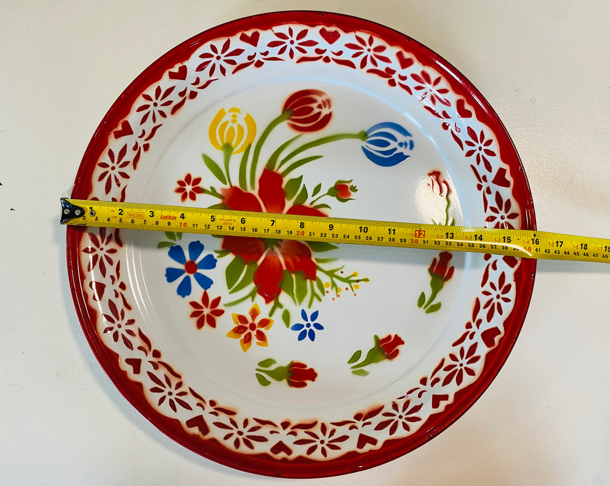 ถาดเคลือบลายดอกไม้สีแดง