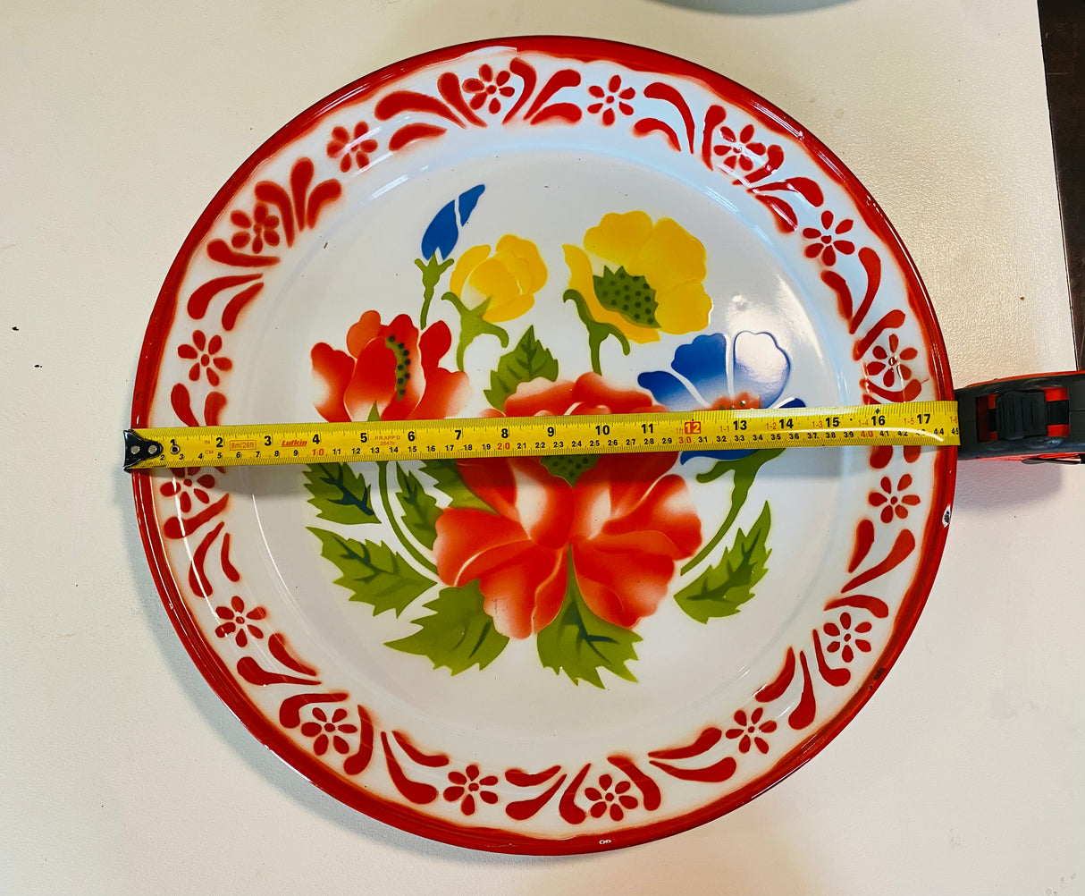 ถาดเคลือบลายดอกไม้สีแดง