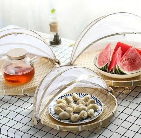 Bamboo food cover basket, hand-woven bamboo dish with hinged fan-fold mesh cover