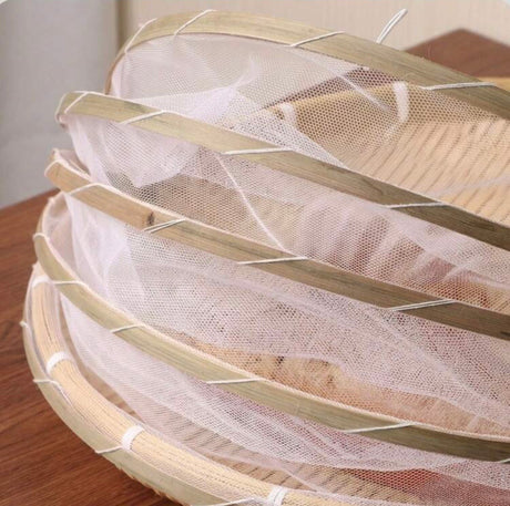 Bamboo food cover basket, hand-woven bamboo dish with hinged fan-fold mesh cover
