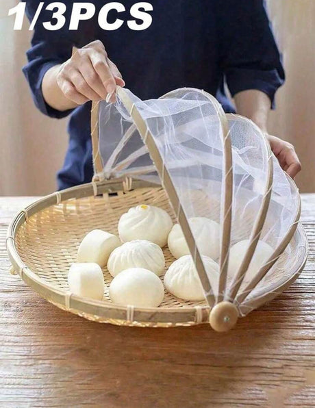 Bamboo food cover basket, hand-woven bamboo dish with hinged fan-fold mesh cover